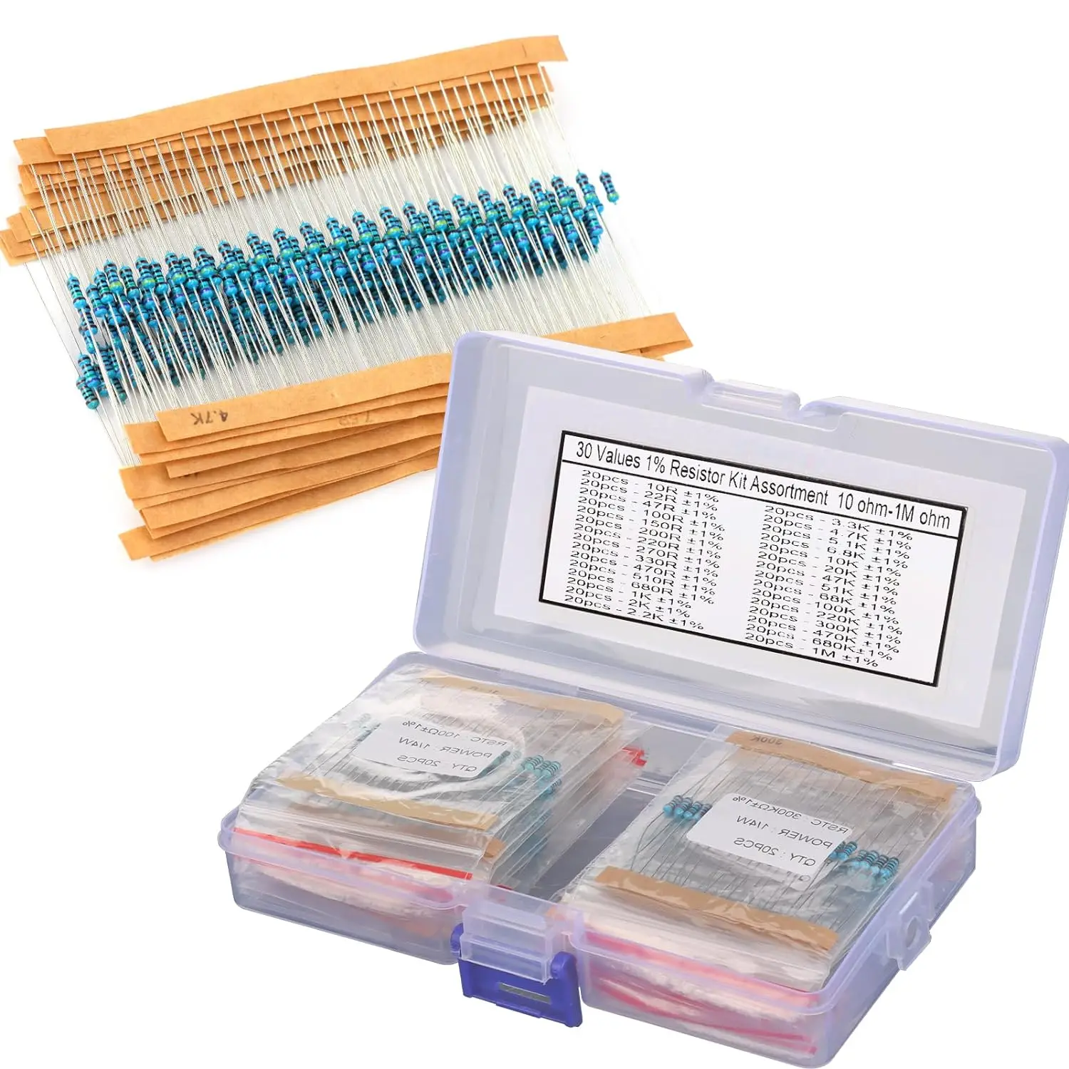 Motstandssett 1/4W metallfilm 1 % – 600 stk, 30 verdier i boks