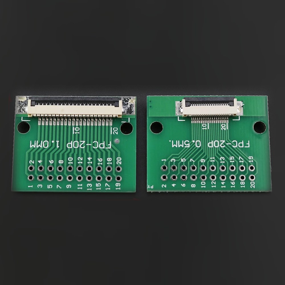 FPC/FFC-adapterkort 20 pin, side for 1,0 mm og side for 0,5 mm flatkabel, med hull for 2,54 mm stiftlist