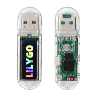 LILYGO T-Dongle S3 med skjerm, sett forfra og bakfra